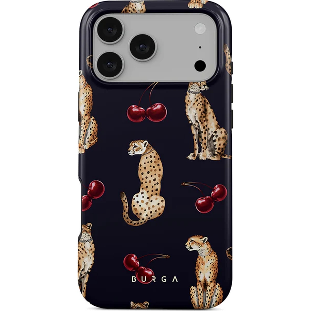 Ekskluzywne etui Burga Cougar Tough Magnetic do iPhone 17 Pro Max, granatowe z wiśniami i gepardem