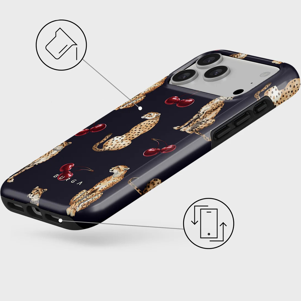 Ekskluzywne etui Burga Cougar Tough Magnetic do iPhone 17 Pro Max, granatowe z wiśniami i gepardem