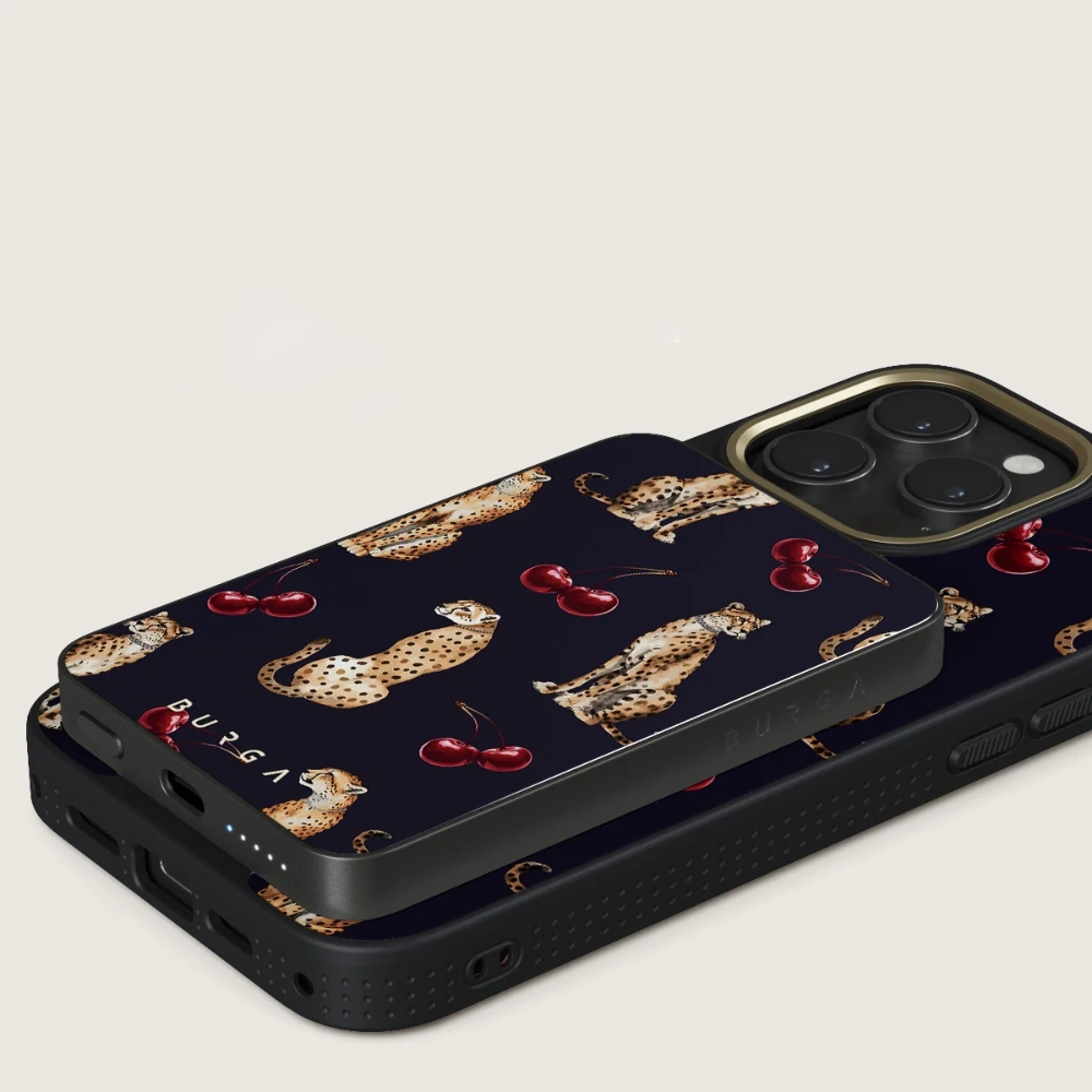 Burga Magnetic Gunmetal Power Bank Cougar - magnetyczny powerbank kompatybilny z MagSafe, Qi 5000mAh 20W USB-C, + kabel USB Typ C 20W, beżowo-granatowy.