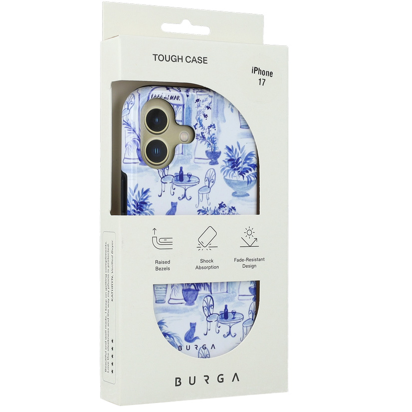 Ekskluzywne etui Burga Sobremesa Tough Magnetic do iPhone 17, białe z niebieskim wzorem