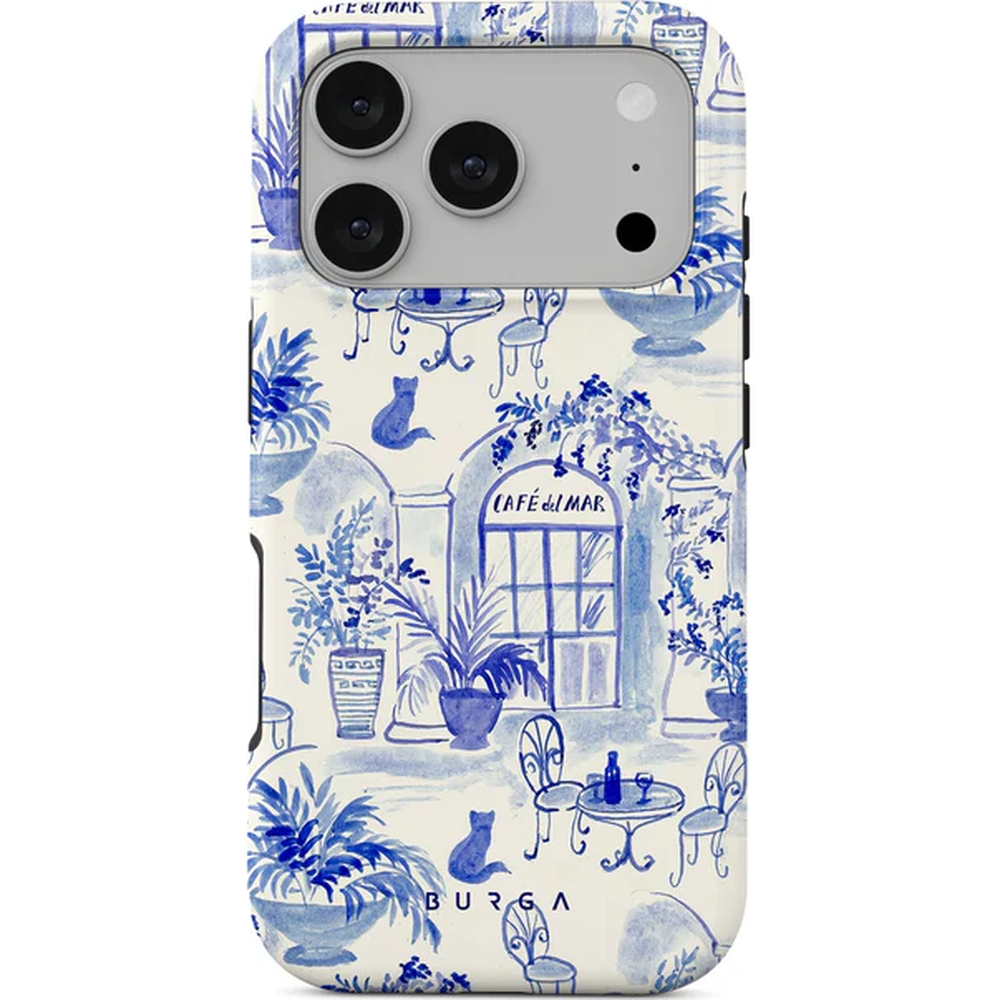 Ekskluzywne etui Burga Sobremesa Tough Magnetic do iPhone 17 Pro, białe z niebieskim wzorem