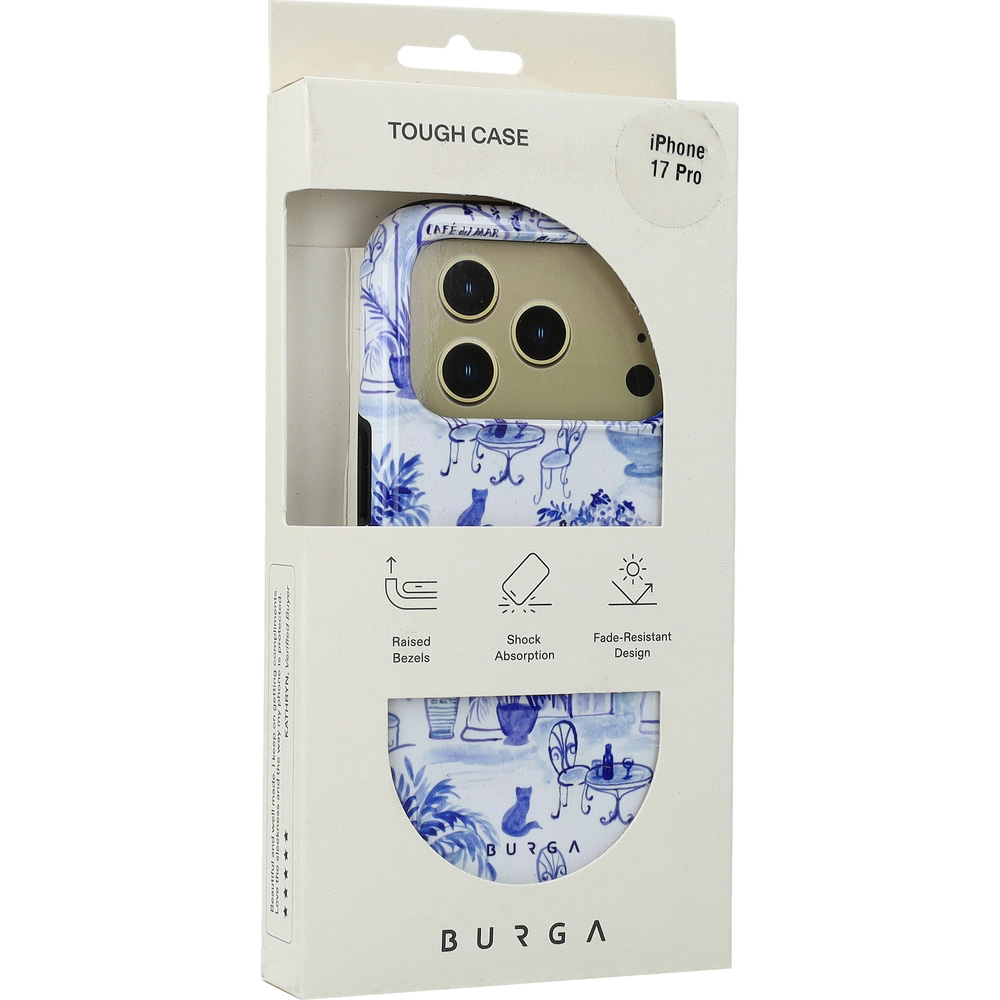 Ekskluzywne etui Burga Sobremesa Tough Magnetic do iPhone 17 Pro, białe z niebieskim wzorem