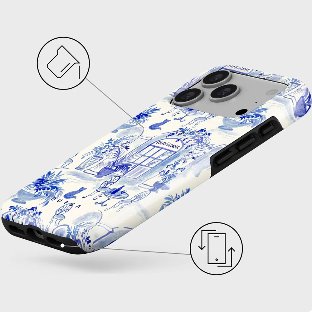 Ekskluzywne etui Burga Sobremesa Tough Magnetic do iPhone 17 Pro, białe z niebieskim wzorem