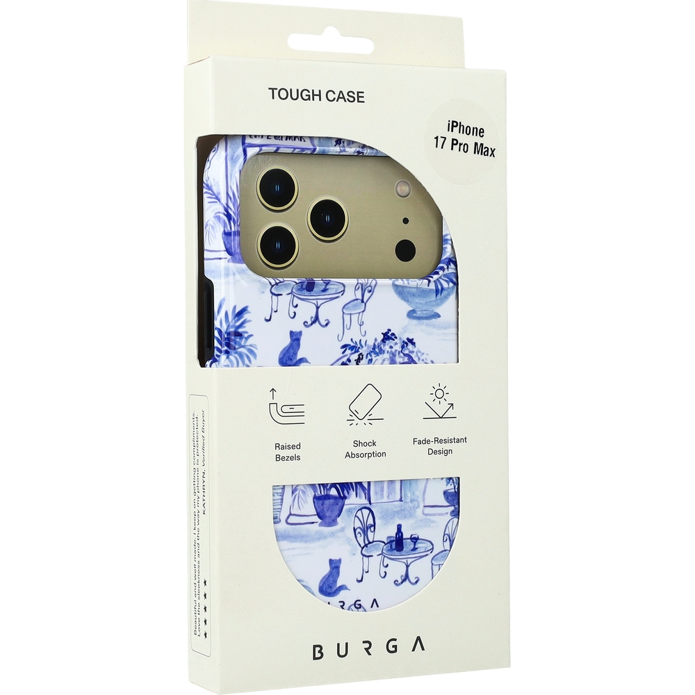 Ekskluzywne etui Burga Sobremesa Tough Magnetic do iPhone 17 Pro Max, białe z niebieskim wzorem