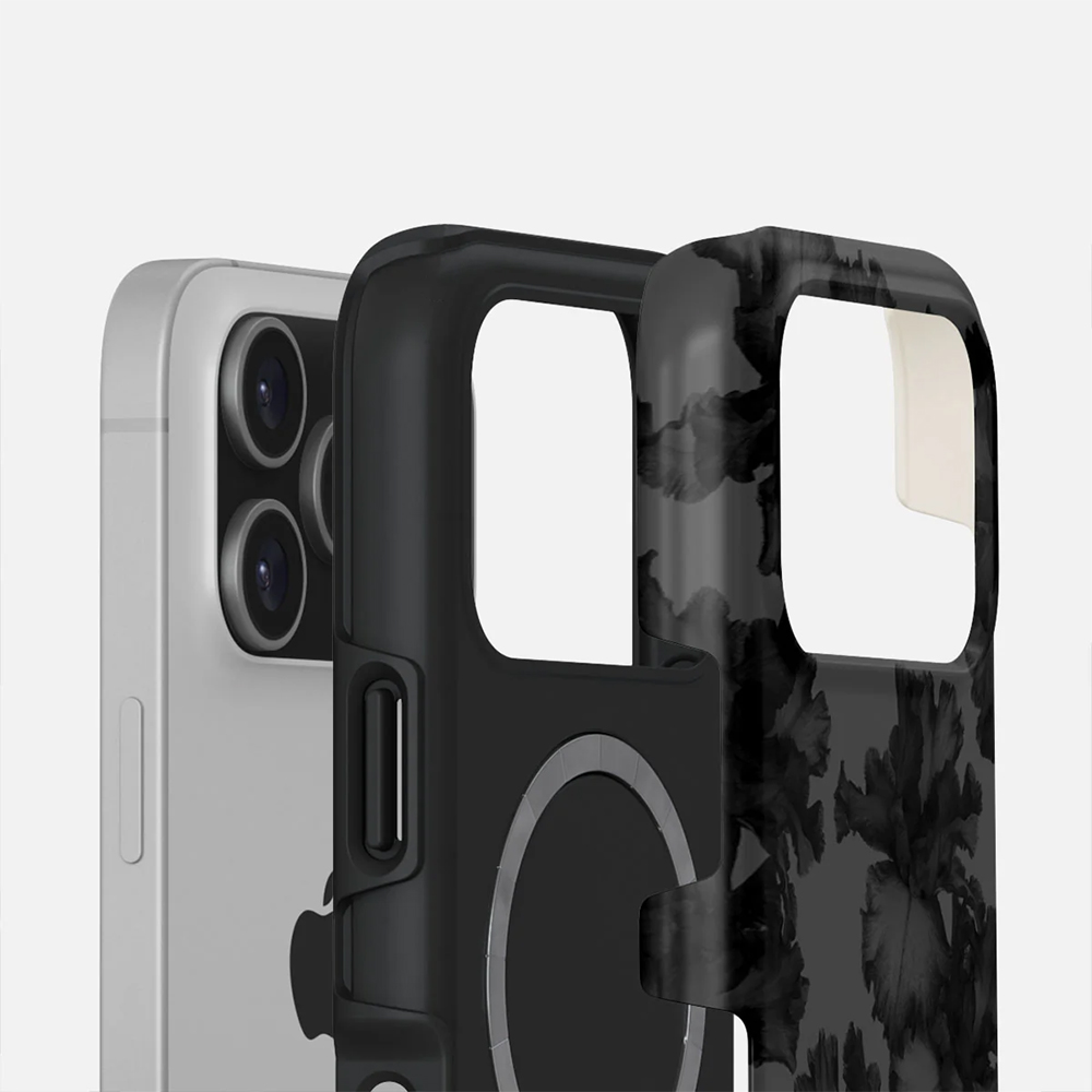 Ekskluzywne etui Burga Nucturnal Tough Magnetic do iPhone 17 Pro, czarne z kwiecistym wzorem