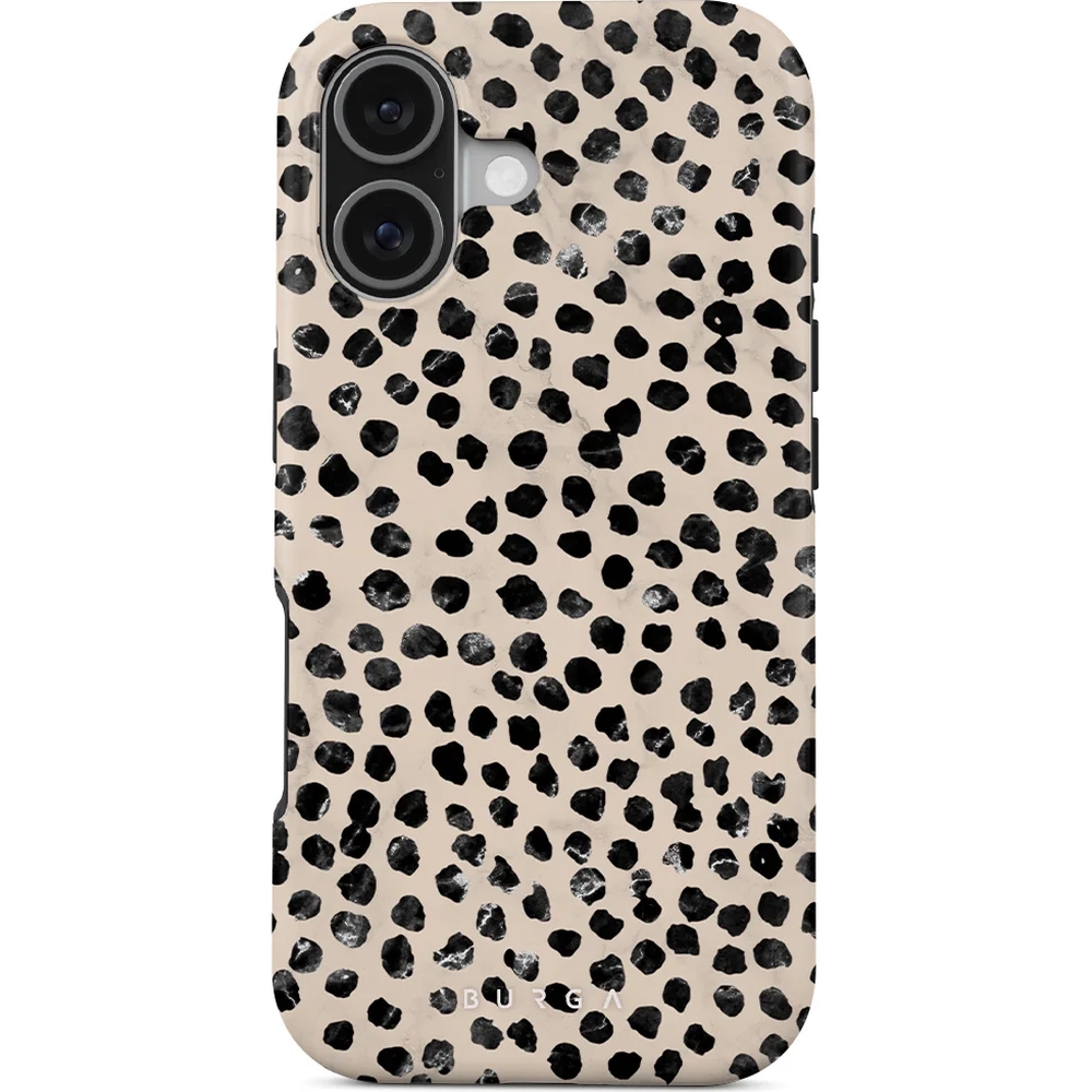 Ekskluzywne etui Burga Almond Latte Tough Magnetic do iPhone 17, beżowe z czarnymi kropkami
