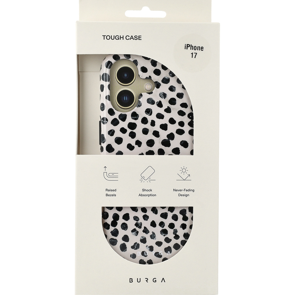 Ekskluzywne etui Burga Almond Latte Tough Magnetic do iPhone 17, beżowe z czarnymi kropkami