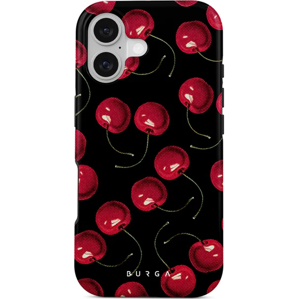 Ekskluzywne etui Burga Cherrybomb Tough Magnetic do iPhone 17, czarne z wiśniami