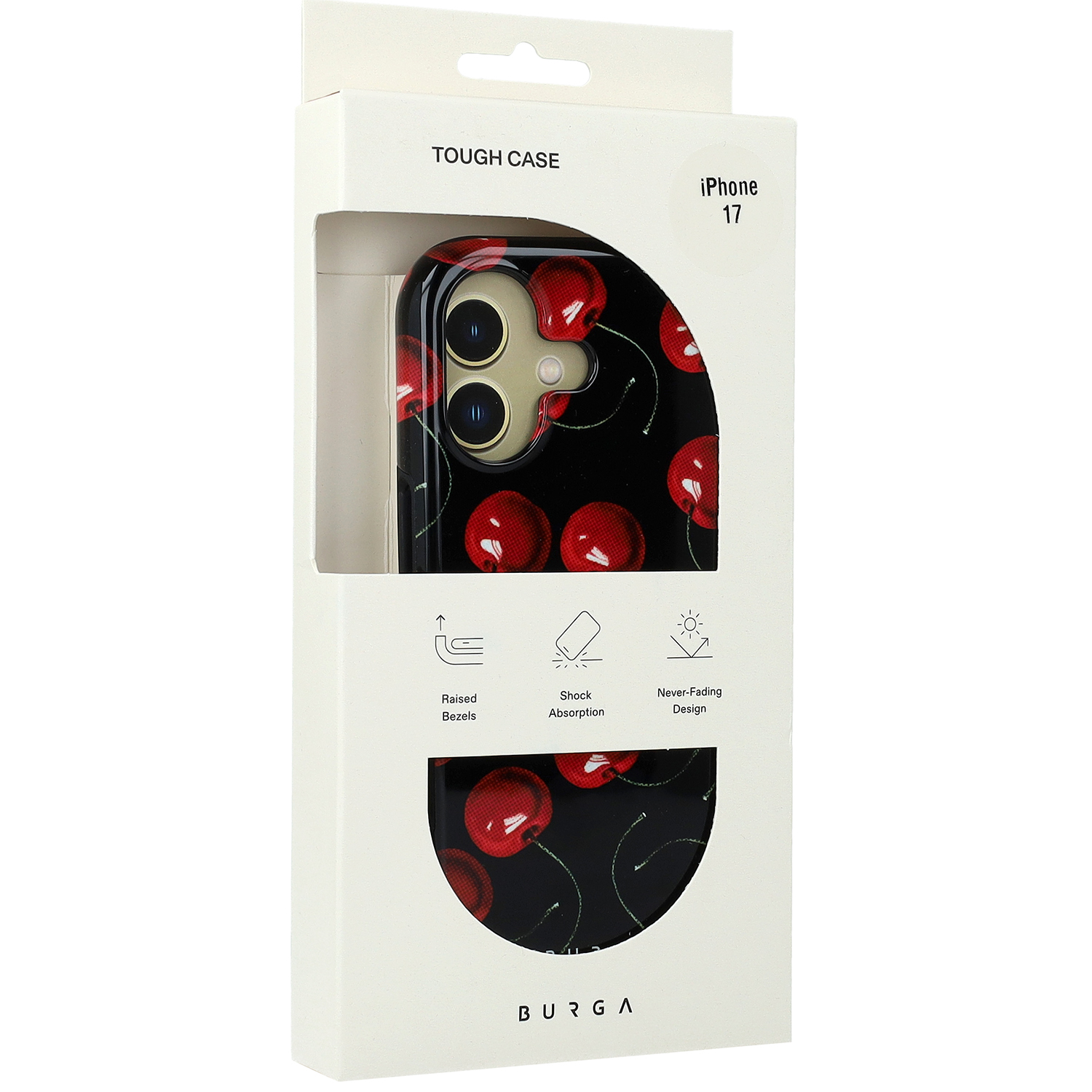 Ekskluzywne etui Burga Cherrybomb Tough Magnetic do iPhone 17, czarne z wiśniami