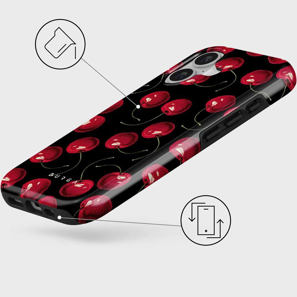 Ekskluzywne etui Burga Cherrybomb Tough Magnetic do iPhone 17, czarne z wiśniami