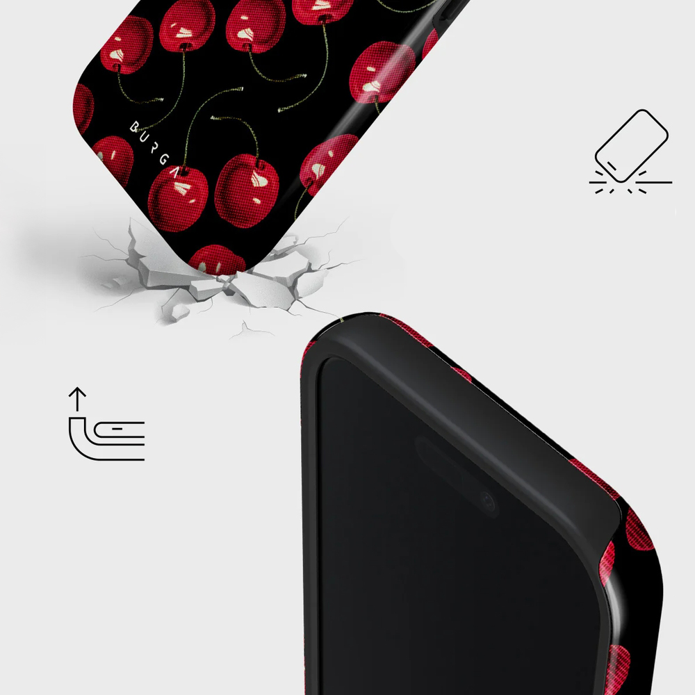 Ekskluzywne etui Burga Cherrybomb Tough Magnetic do iPhone 17, czarne z wiśniami