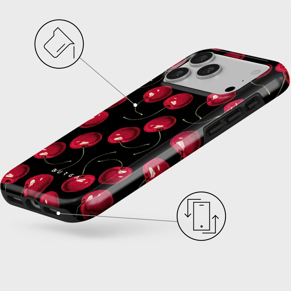 Ekskluzywne etui Burga Cherrybomb Tough Magnetic do iPhone 17 Pro Max, czarne z wiśniami
