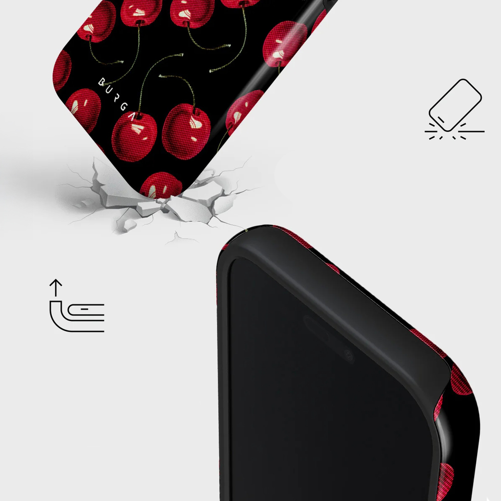 Ekskluzywne etui Burga Cherrybomb Tough Magnetic do iPhone 17 Pro, czarne z wiśniami