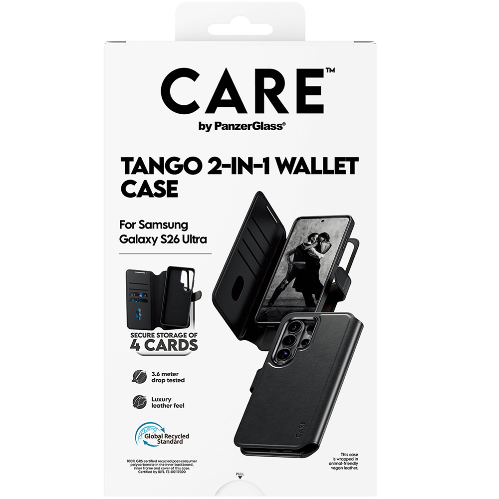 Etui z klapką CARE by PanzerGlass Tango 2w1 Wallet do Galaxy S26 Ultra, do MagSafe, czarne