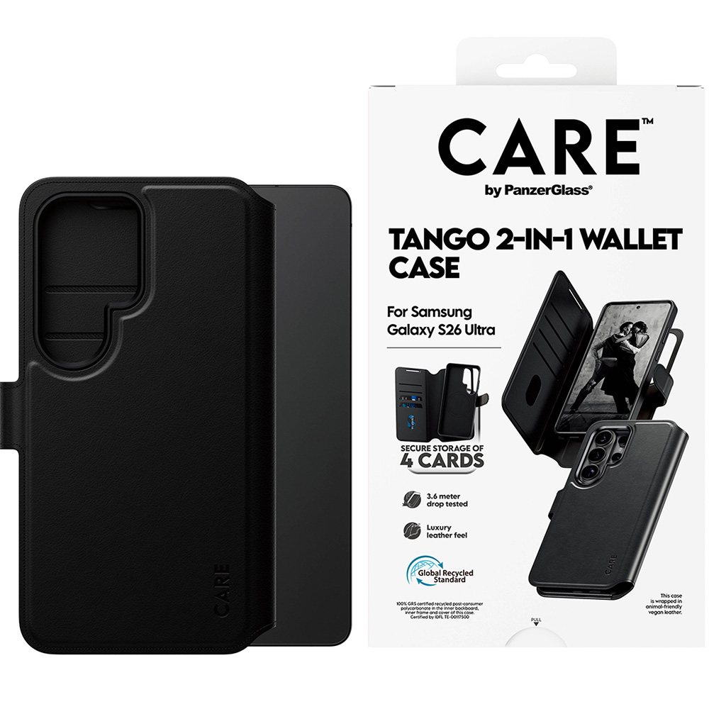 Etui z klapką CARE by PanzerGlass Tango 2w1 Wallet do Galaxy S26 Ultra, do MagSafe, czarne