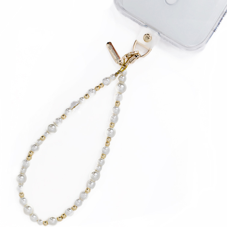 Crong Phone Charm Pearls – złota smycz do telefonu z eleganckimi koralikami i adapterem