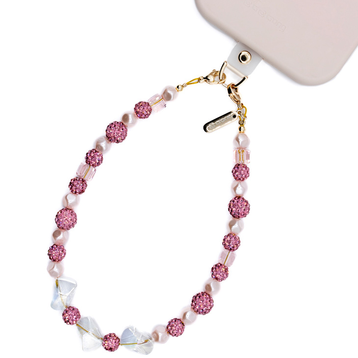 Crong Phone Charm Twinkle Beads – złota smyczka do telefonu z różowymi dodatkami i adapterem