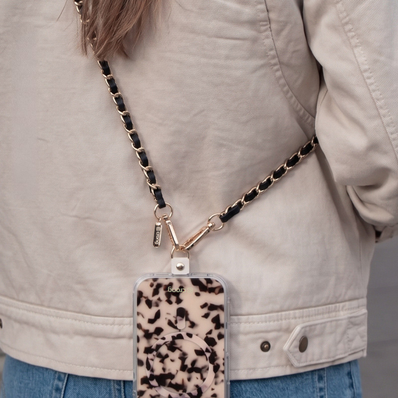 Crong Smycz do Telefonu Crossbody – łańcuszek na ramię 120 cm złoty łańcuszek z czarnym pleceniem 