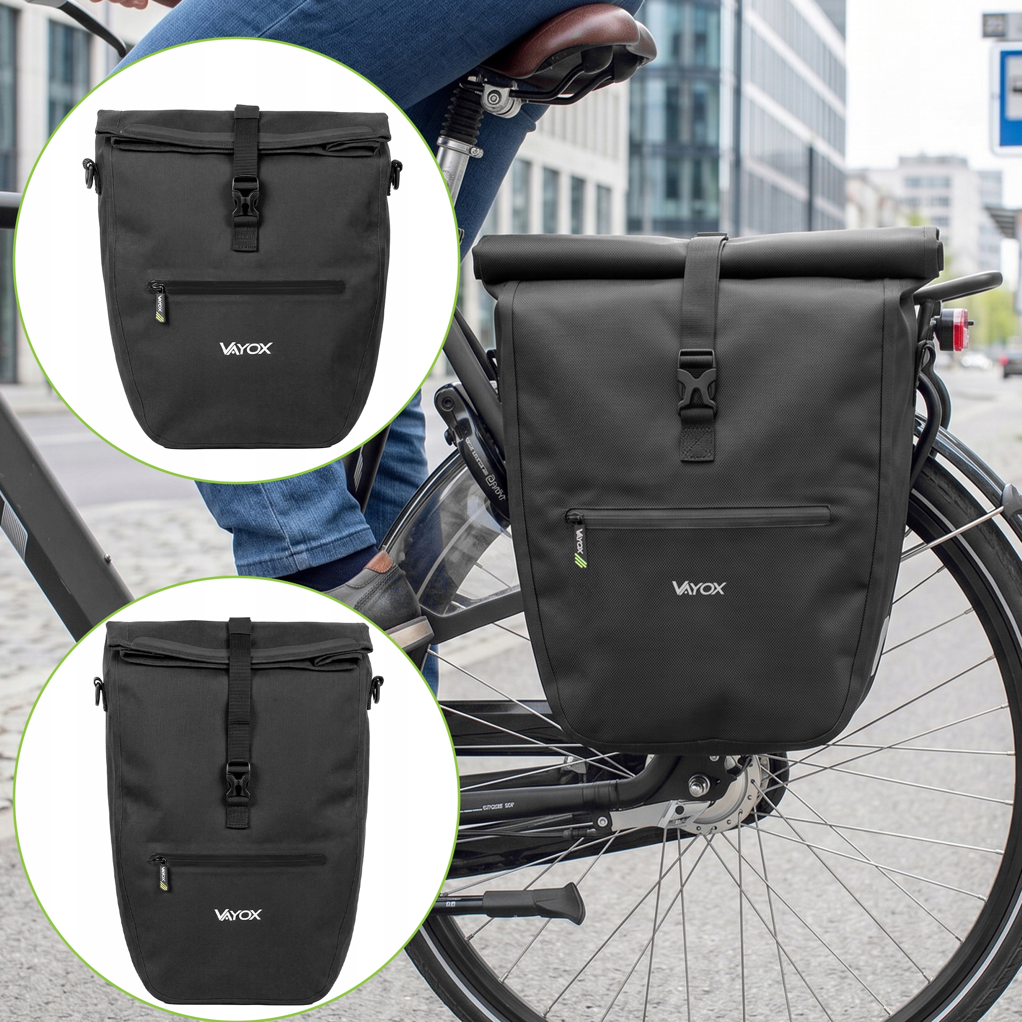Regulacja pojemności w sakwie rowerowej Vayox 20-25L