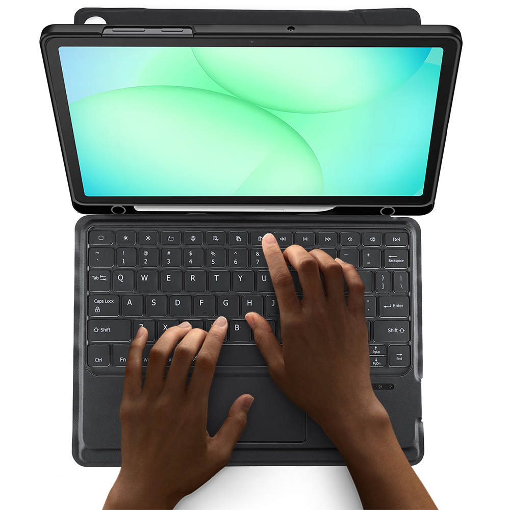 Etui z klawiaturą Bluetooth 5.0 Dux Ducis (seria DK) do Samsung Galaxy Tab A11 Plus / A9 Plus, czarne. Magnetyczne zamknięcie zabezpiecza klawiaturę w podróży.