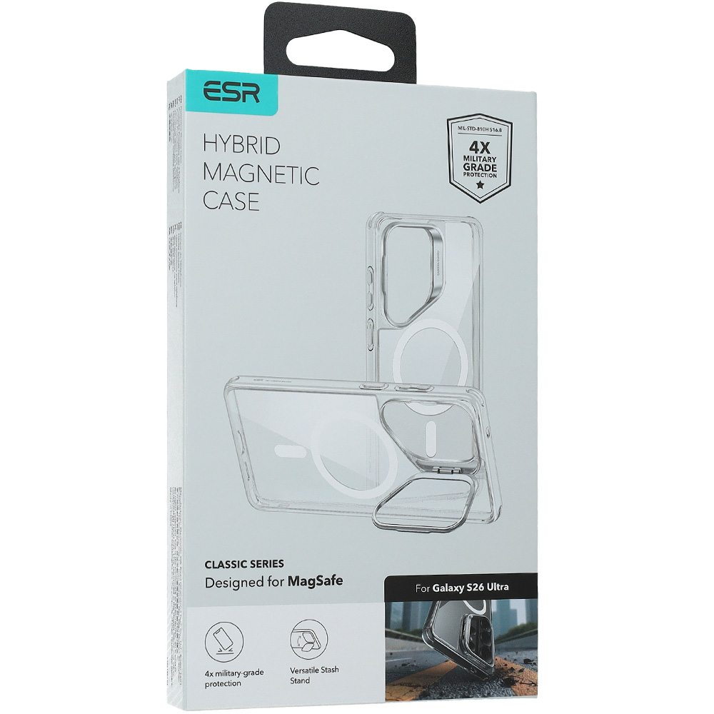 ESR Classic Hybrid Kickstand MagSafe, wytrzymała ochrona narożników, podstawka funkcjonalna, przezroczysto-srebrne