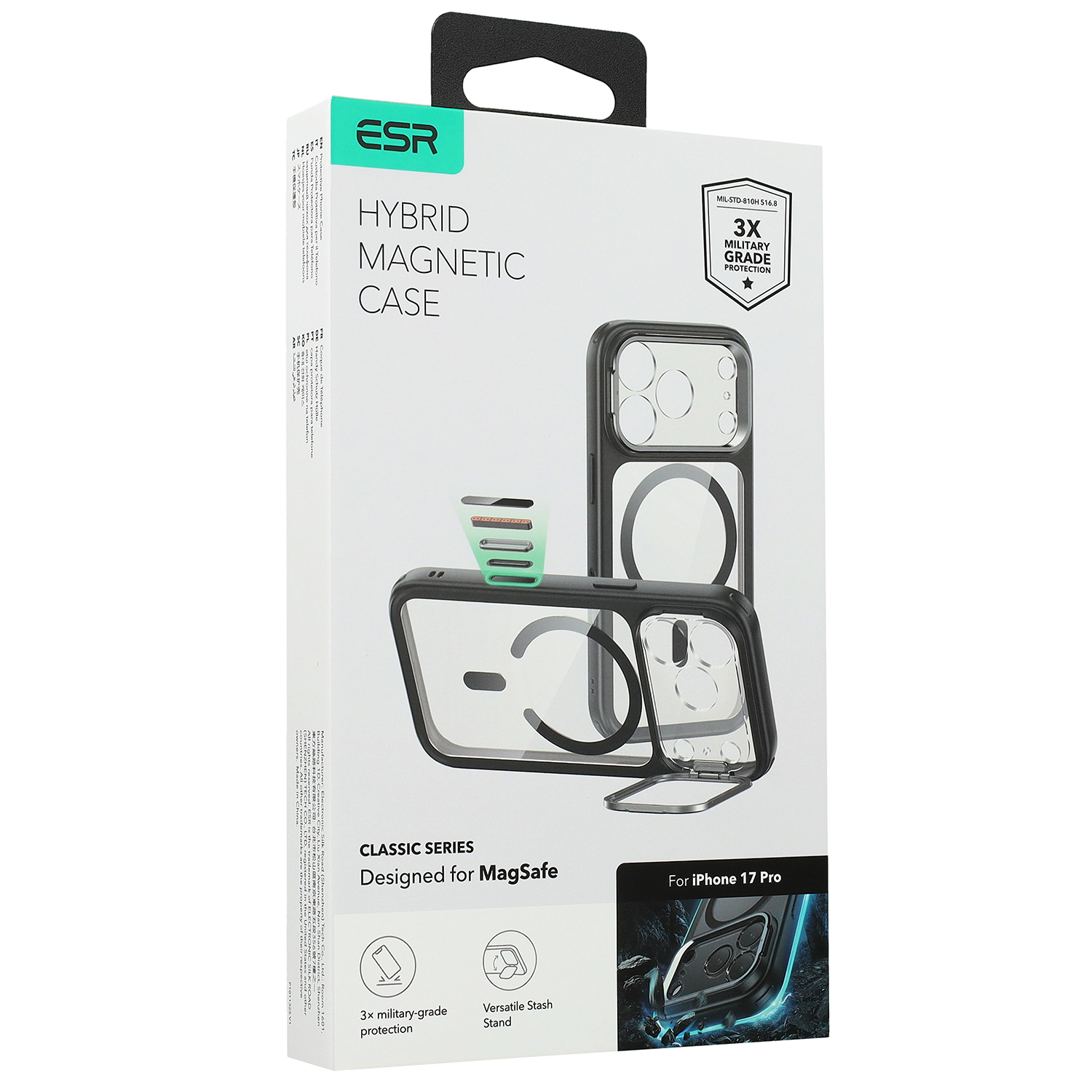 ESR Classic Hybrid Kickstand MagSafe, ochronny case na plecki, elegancki smukły, przezroczyste z czarną ramką