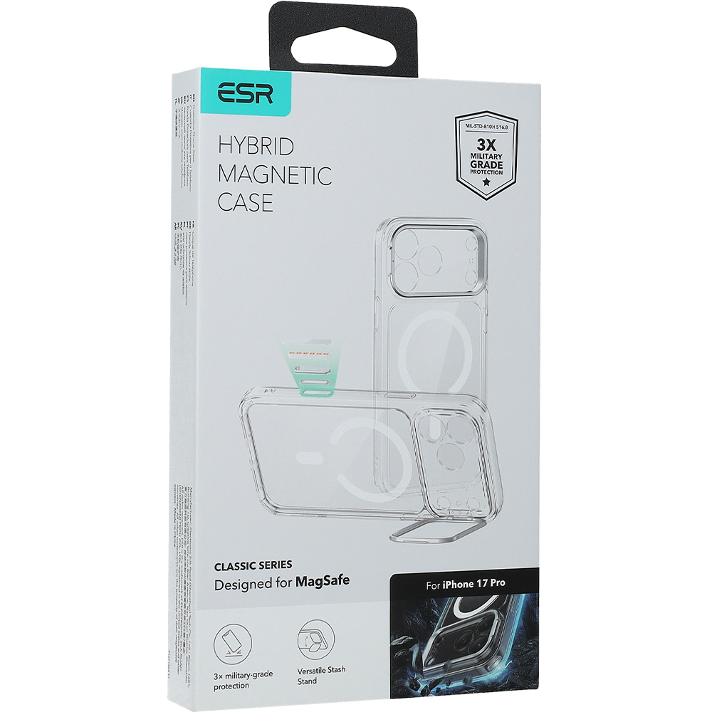 Etui ESR Classic Hybrid Kickstand do MagSafe do iPhone 17 Pro, przezroczysto-białe
