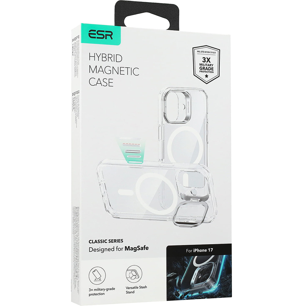 Etui ESR Classic Hybrid Kickstand do MagSafe do iPhone 17, przezroczysto-białe