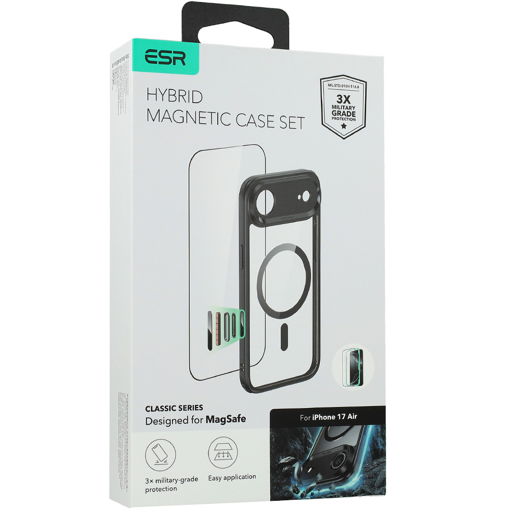 Zestaw etui + szkło hartowane, ESR Classic Hybrid MagSafe, Tempered Glass do Apple iPhone Air, czarno-przezroczyste