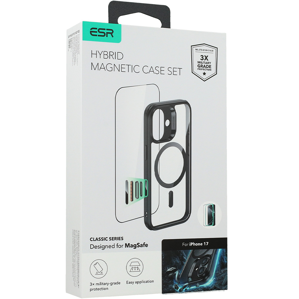 Zestaw etui + szkło hartowane, ESR Classic Hybrid MagSafe, Tempered Glass do iPhone 17, czarno-przezroczyste