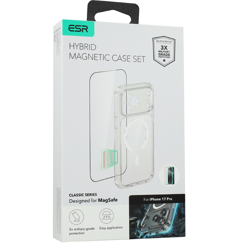 Zestaw etui + szkło hartowane, ESR Classic Hybrid MagSafe, Tempered Glass do iPhone 17 Pro, przezroczyste
