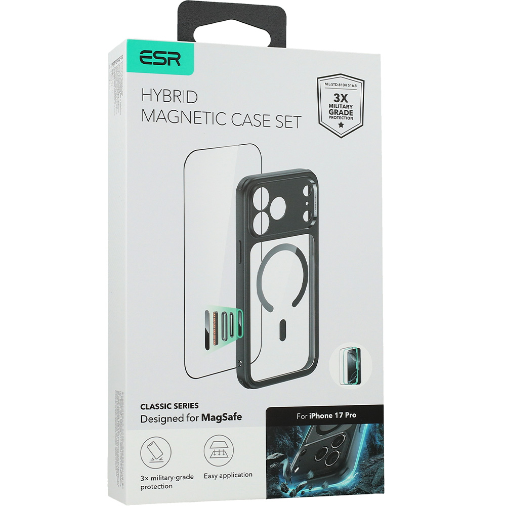 Zestaw etui + szkło hartowane, ESR Classic Hybrid MagSafe, Tempered Glass do iPhone 17 Pro, czarno-przezroczyste