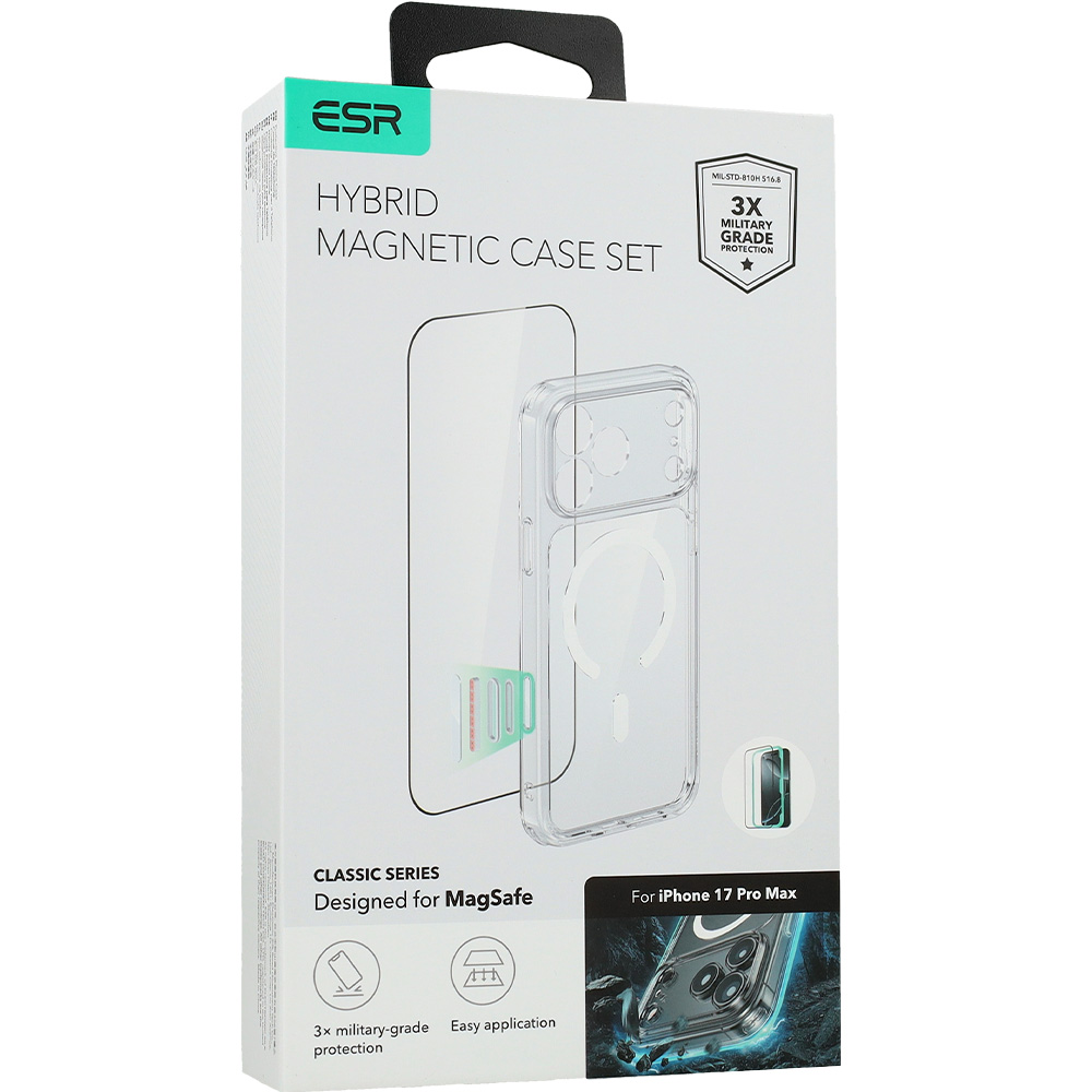 Zestaw etui + szkło hartowane, ESR Classic Hybrid MagSafe, Tempered Glass do iPhone 17 Pro Max, przezroczyste