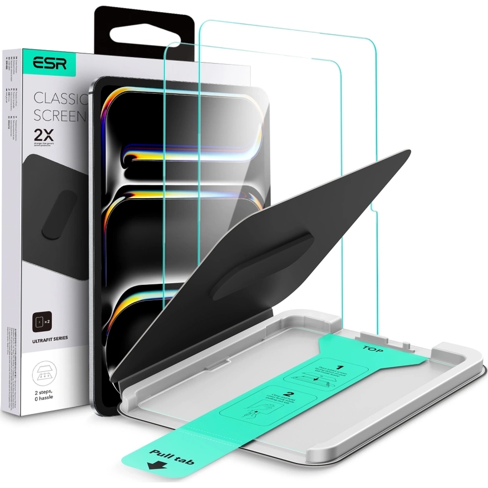 Szkło hartowane z ramką pozycjonującą i zestawem montażowym, ESR UltraFit Tempered Glass do Apple iPad Pro 11" M5 2025 / M4 2024, 2 szt.