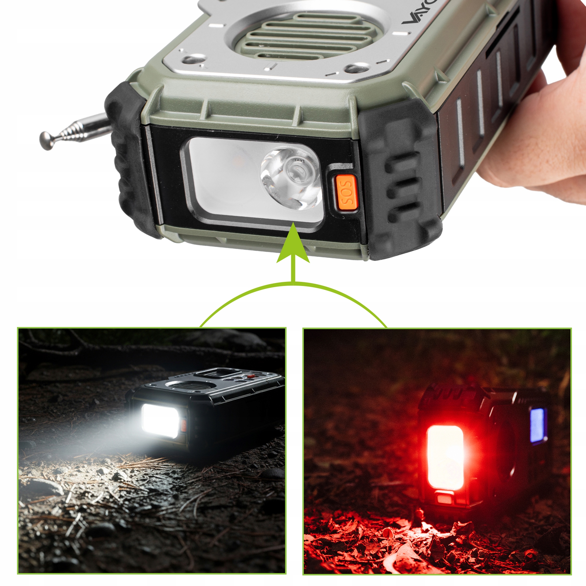 Latarka LED z trzema trybami i czerwony alarm SOS w radiu Vayox