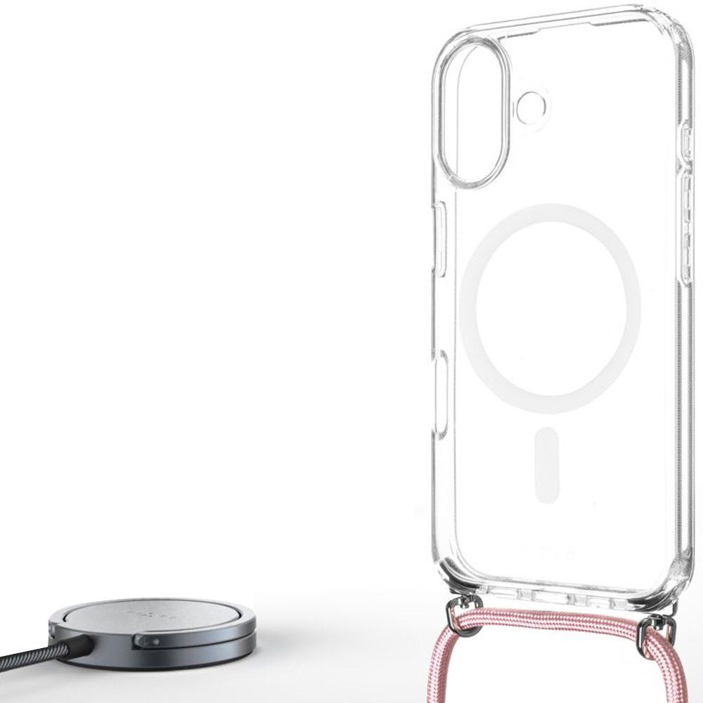 Etui FIXED MagPure Neck do MagSafe do iPhone 17, przezroczyste z różową smyczką