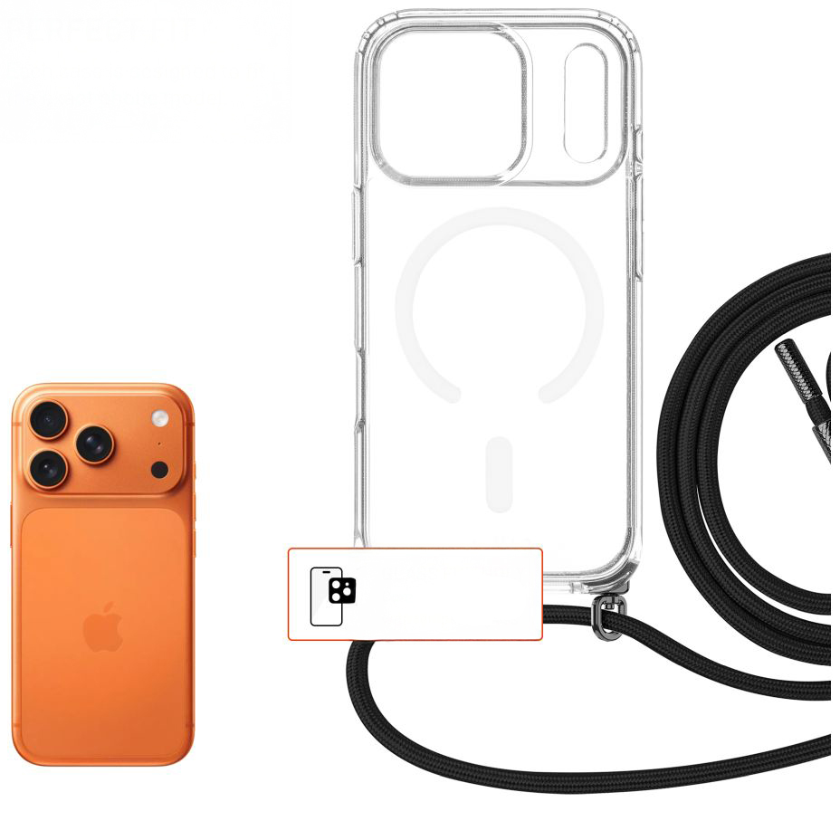 Etui ze smyczą FIXED MagPure Neck do MagSafe dodatkowym filtrem anty UV do iPhone 17 Pro, czarna smycz