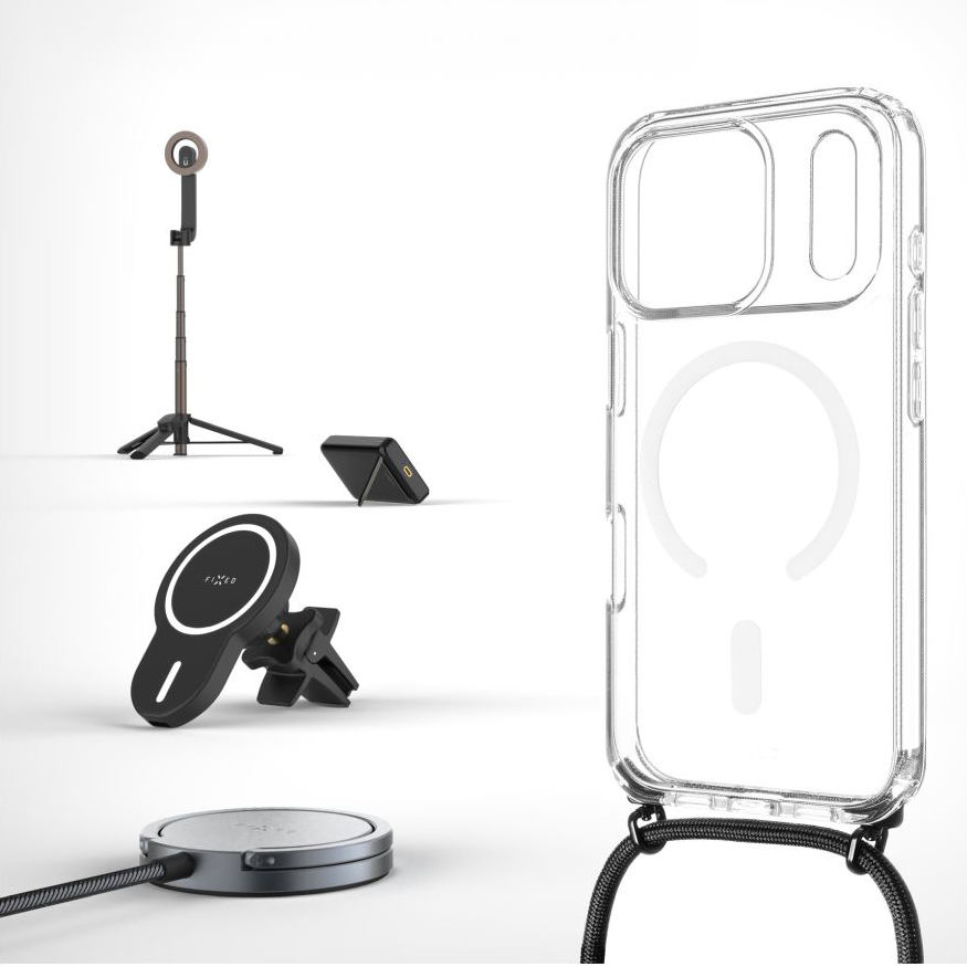 Etui ze smyczą FIXED MagPure Neck do MagSafe dodatkowym filtrem anty UV do iPhone 17 Pro, czarna smycz