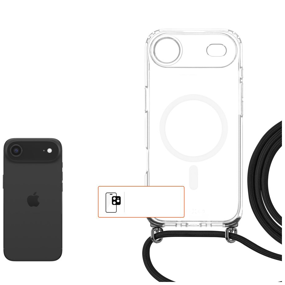 Etui ze smyczą FIXED MagPure Neck do MagSafe dodatkowym filtrem anty UV do iPhone Air, czarna smycz