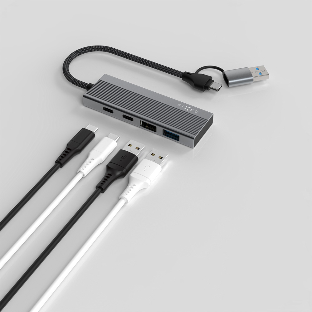 Hub, adapter Fixed Port 4in1, 1x USB-A 2.0 480 Mbps, 1x USB-A 3.0 5 Gbps, 2x USB-C 2.0 480 Mbps, szary