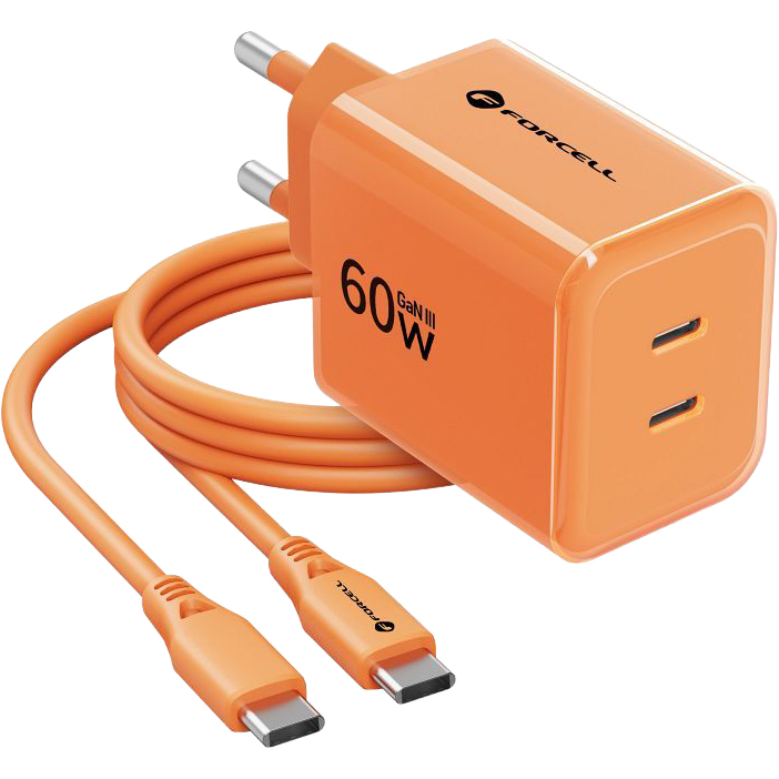 Forcell Crystal Color, kompaktowa wydajna szybka ładowarka GaN3 USB-C, pomarańczowa