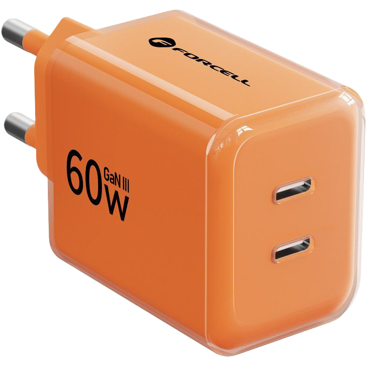 Forcell Crystal Color, podwójna szybka praktyczna ładowarka USB-C Power Delivery, pomarańczowa