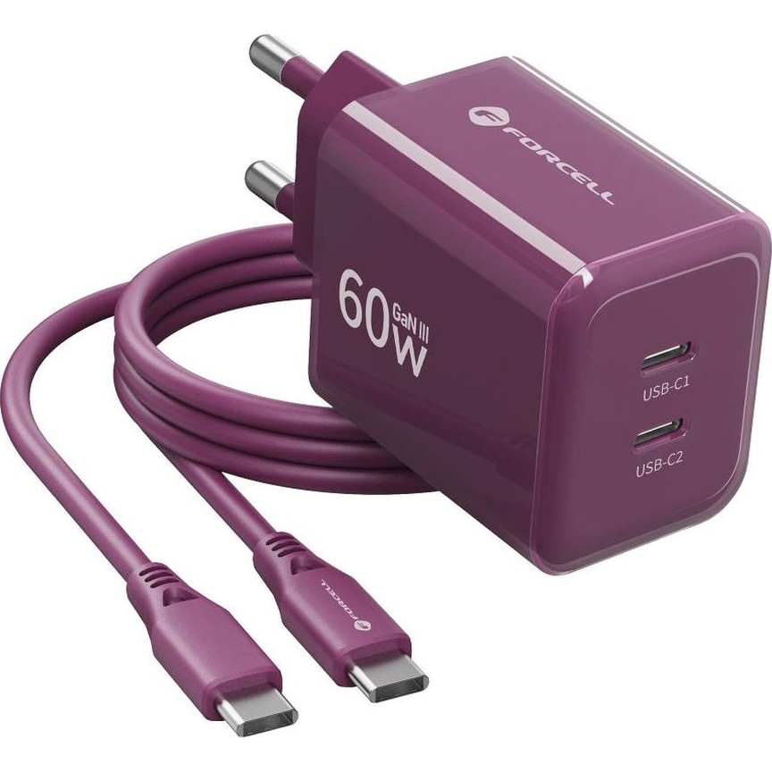 Forcell Crystal Color, kompaktowa wydajna szybka ładowarka GaN3 USB-C, fioletowa