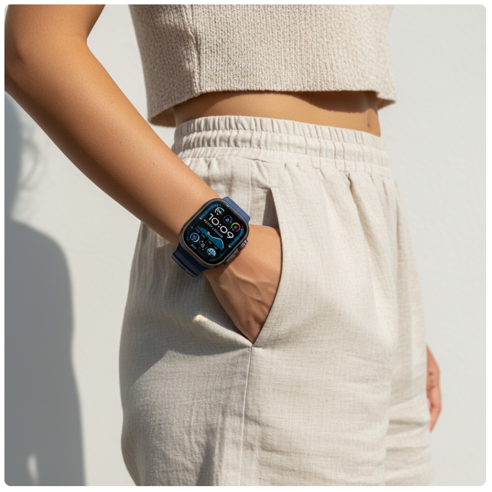 Granatowy pasek YAXO Rugged Evo Sport Band do Apple Watch w codziennej stylizacji