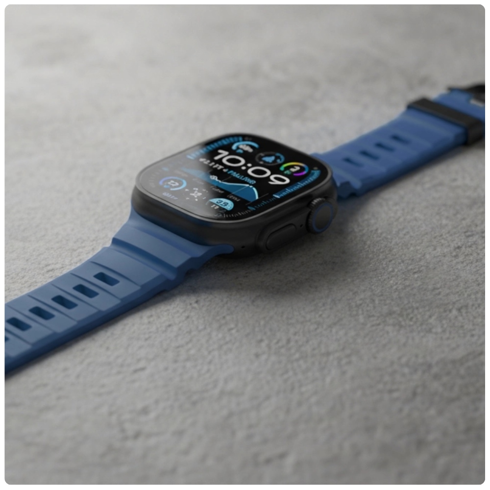 Granatowy pasek YAXO Rugged Evo Sport Band do Apple Watch w codziennej stylizacji