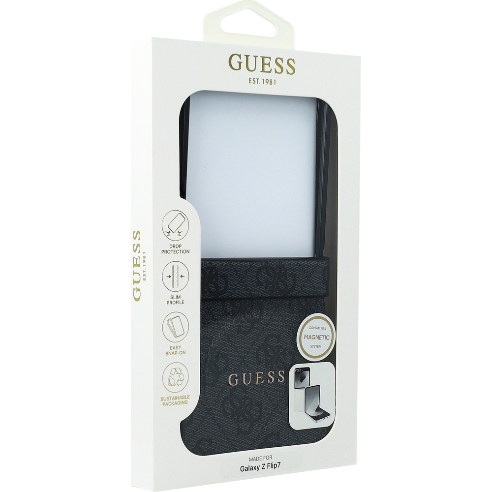 Etui Guess Hardcase 4G Ring Classic Logo do MagSafe do Galaxy Z Flip7, czarne. Etui z serii 4G Big Metal Logo, stworzone przez firmę CG Mobile na oficjalnej licencji Guess, to idealny wybór dla tych, którzy doceniają klasyczny styl. Case ten jest kompatybilny z technologią MagSafe.