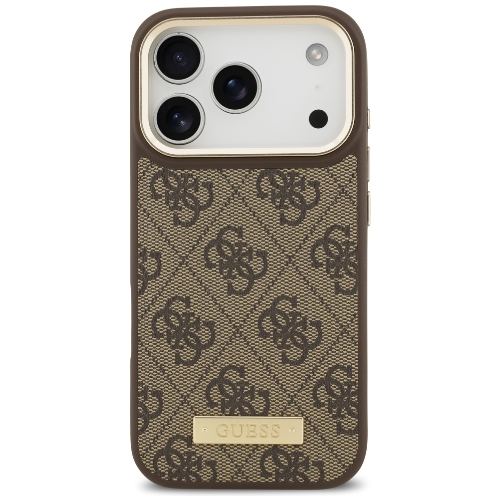 Guess 4G Logo Plate MagSafe, ochronny case na plecki, elegancki smukły, brązowe