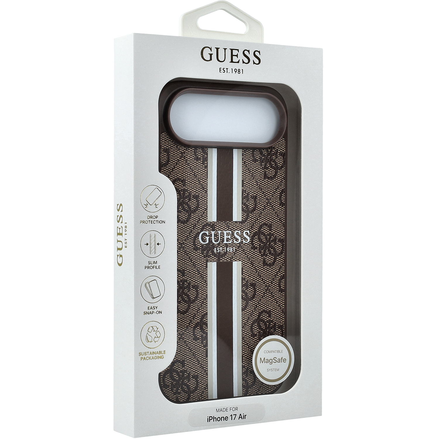 Etui Guess Hardcase 4G Printed Stripes do MagSafe do iPhone Air, brązowe