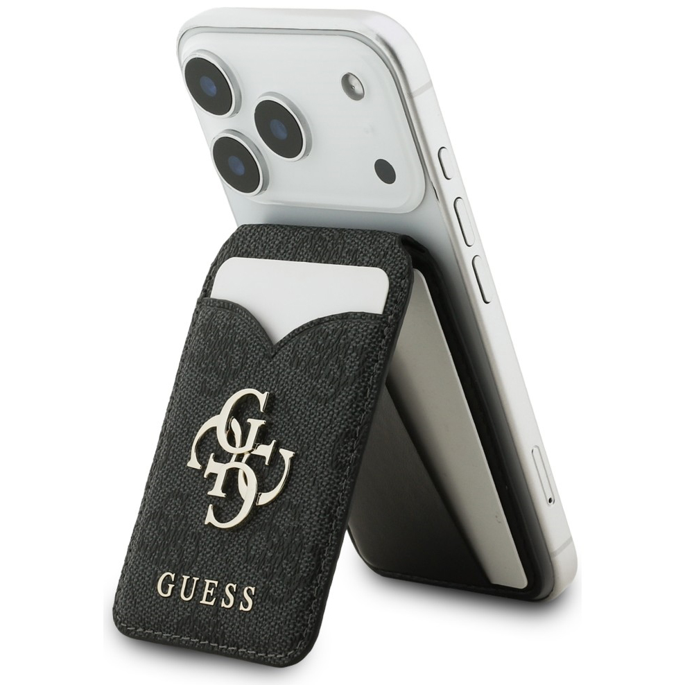 Guess Stand & Mirror MagSafe, ekskluzywny monogram skora eko modne eleganckie, czarny