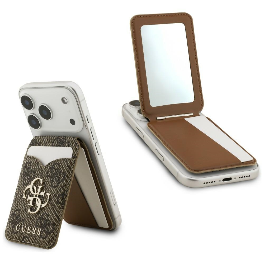 Guess Stand & Mirror MagSafe, luksusowy portfel na karty lusterko elegancki design, brązowy